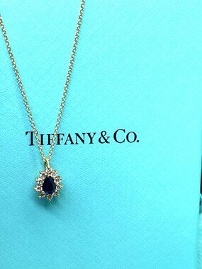 Tiffany & Co. Blue Sapphire &Diamond Pendant 18k Yellow Gold 18'' Chain Necklace